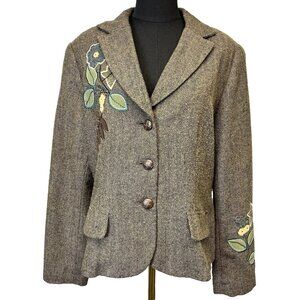Vintage Dressbarn Wool Blend Blazer Size 16 Brown Herringbone‎ Floral Applique